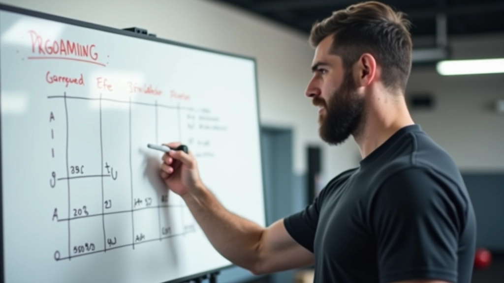 مدرب يشرح مخطط البرمجة على السبورة البيضاء يوضح توزيع التمارين على الأسبوع