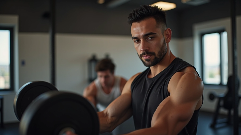 مدرب كروس فيت ذو خبرة يقدم تصحيحاً لحركة الرفع لأحد المتدربين في بيئة صالة رياضية احترافية