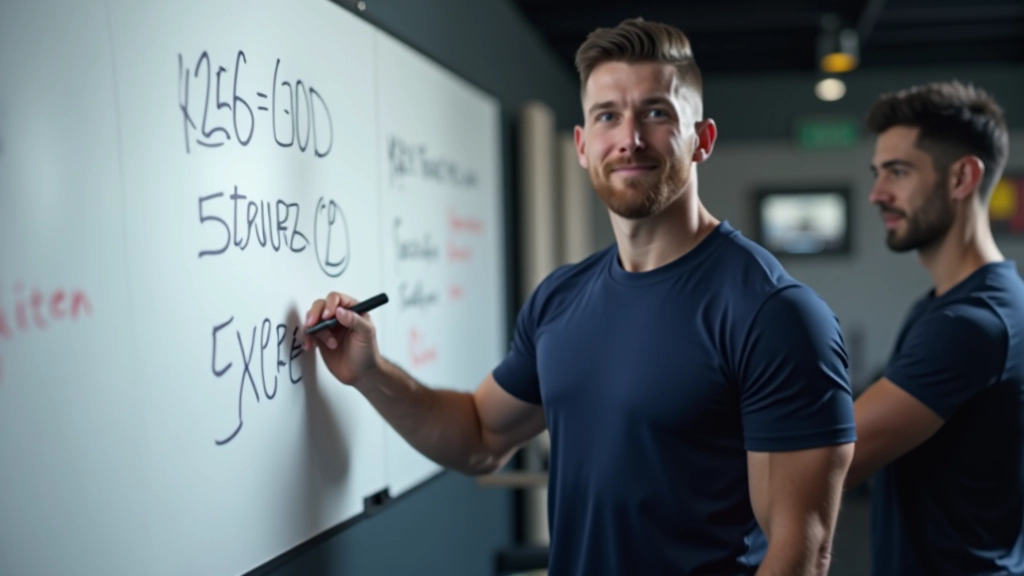 مدرب يشرح برنامج WOD على لوحة بيضاء في صالة رياضية مع مجموعة من الرياضيين يستمعون بانتباه